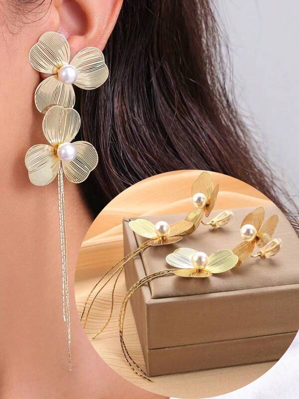 1 Pair Fashion Flower & Faux Pearl Long Tassel Clip On Earrings For Women, Exaggerated Big Style, Slimming & Elegant, Suitable For Daily Wear, Gift For Her