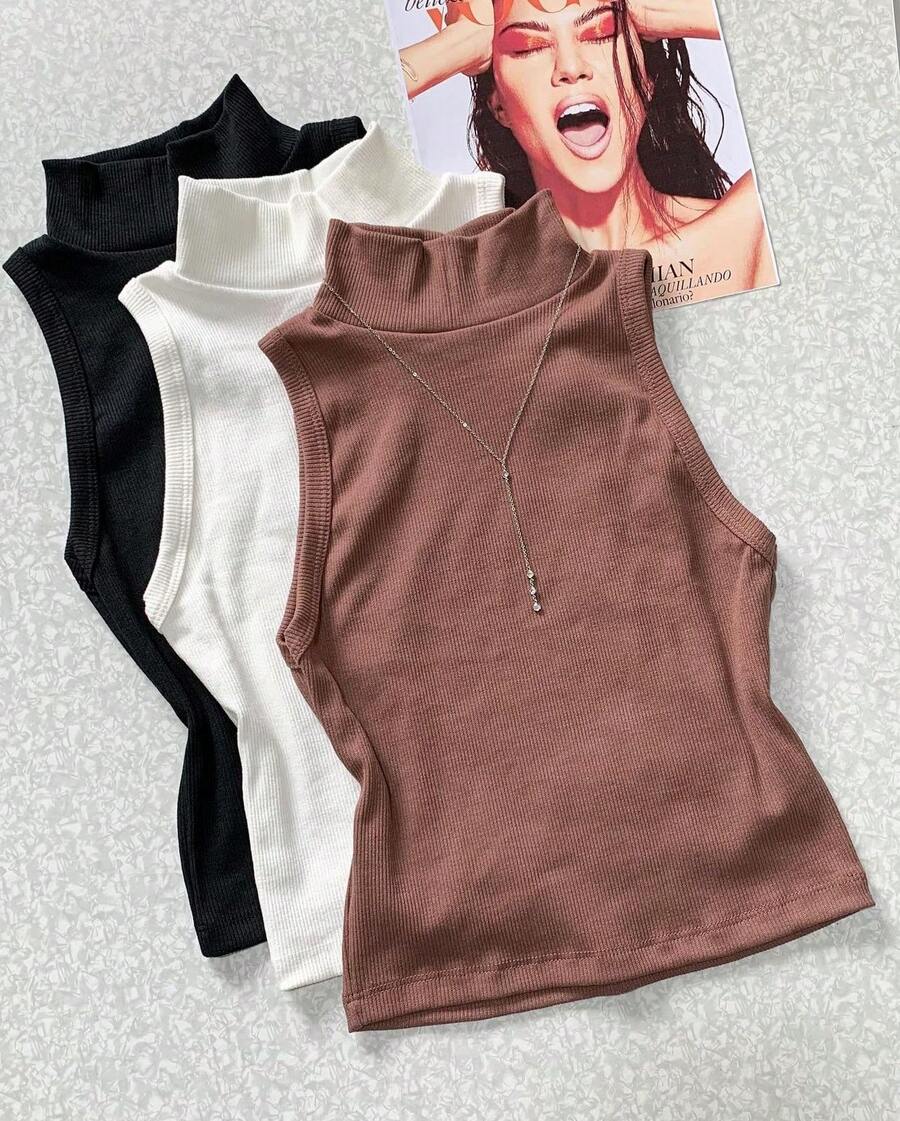 3 Pieces Tank Top Kit With High Neck Ribbed Fabric Striped Basic Long Tank Top Winter Fashion Color Block Cut And Sew Striped Casual Elegant Knitted Button - 黑色+米色+棕色 - 查看 1
