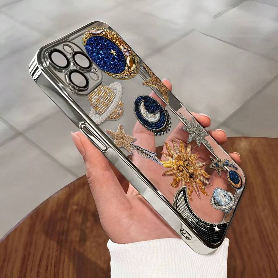 Galaxy Mobile Phone Case, Adorned With Star And Moon Patterns, Suitable For Iphone 16, 15, 14, 13, 12 And 11 Pro Models, Made Of TPU Material, And Provides Shockproof Protection.Ideal For Family, Friends, Children, Birthdays, Spring, Holidays, Boyfriends, Girlfriends, And Valentine'S Day Gifts. - 銀色 - 查看 1