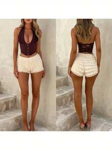 Women Shorts, Summer Elastic Waist Solid Layered Slim Fit Casual Shorts Clubwear