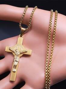 Collar de acero inoxidable con colgante de cruz de Jesús dorado/plateado con el emblema de San Benito para hombres