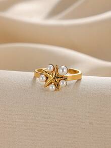 1 件时尚仿珍珠海星戒指女士金色不锈钢优雅开口戒指夏季海滩度假派对珠宝礼物 - 金黃色 - 查看 2