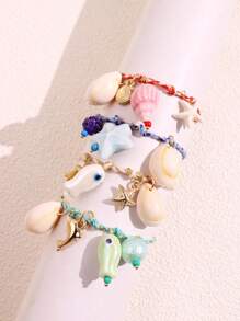 1pc Fashion Delicate Summer Beach Vacation Style Personalized Fish, Seashell, Starfish Pendant Bohemian Bracelet For Women, Suitable For Daily Outfit And Beach Vacation