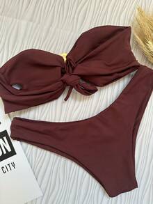Brown Strapless Bikini Top With Removable Pads Elegant Casual Knot Ring - Khaki - View 2
