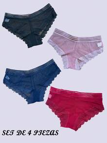 Set de 4 bragas sexy de encaje para mujer, multicolor, ligeras y muy cómodas, tela de poliéster, algodón y elastano. Con delicado y ligero encaje, con lindo diseño en la cintura. Prenda transparente, muy fresca y delicada con tu piel. Ideales para el uso diario. Te llegarán 4 bragas de encaje en colores al azar. - Multicolor - Ver 1