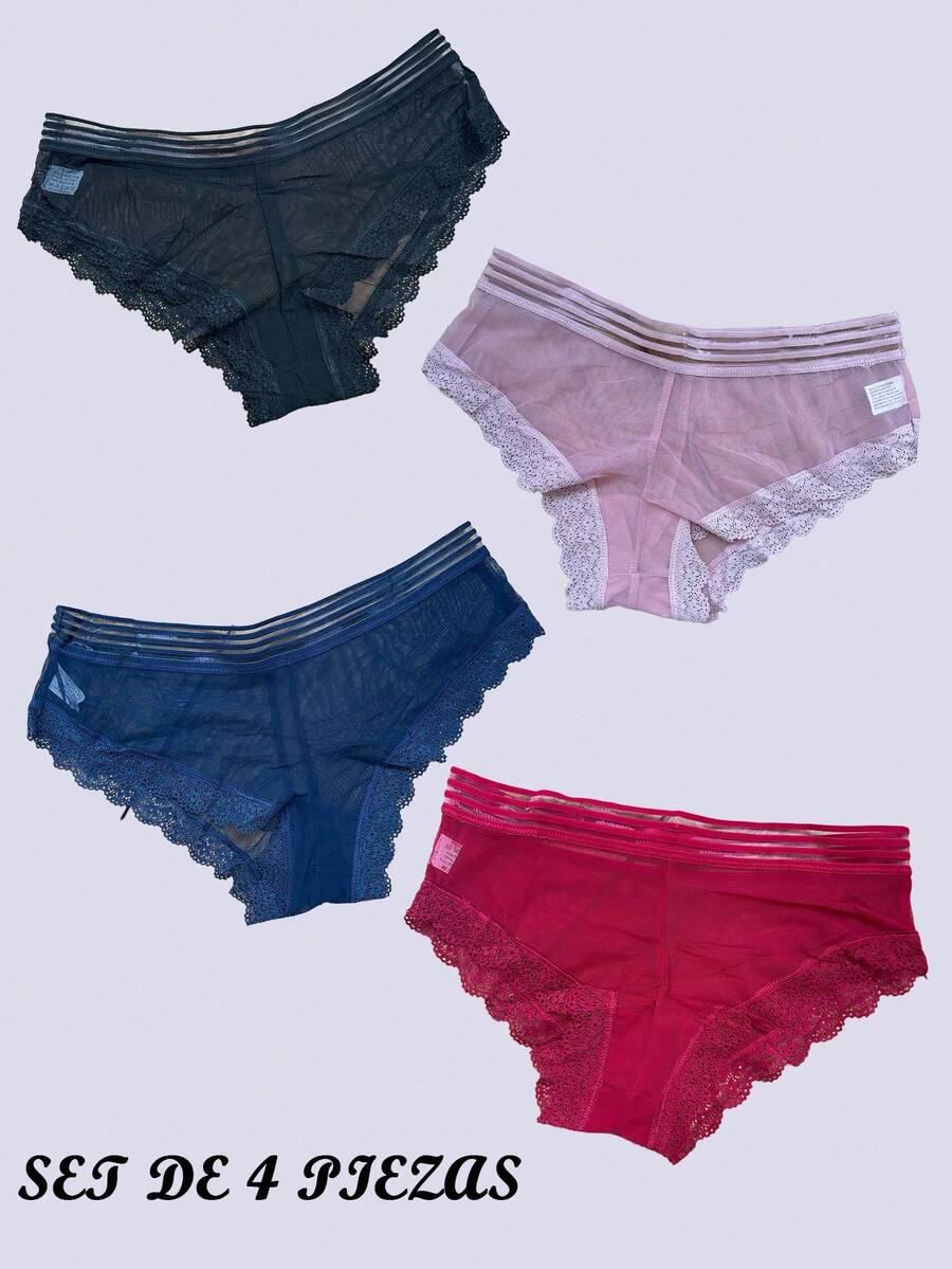 Set de 4 bragas sexy de encaje para mujer, multicolor, ligeras y muy cómodas, tela de poliéster, algodón y elastano. Con delicado y ligero encaje, con lindo diseño en la cintura. Prenda transparente, muy fresca y delicada con tu piel. Ideales para el uso diario. Te llegarán 4 bragas de encaje en colores al azar. - Multicolor - Ver 1
