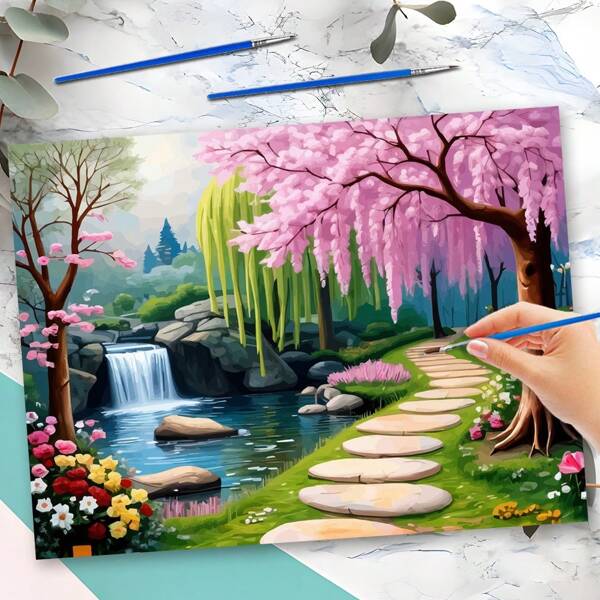 Tranquil Landscape With Cherry Blossoms And Waterfall Painting By Number Kits Canvas Art DIY Digital Picture Drawing Scenery Coloring Artcraft Handpaint Wall Display