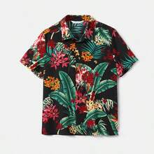 Family Matching Allover Plant Floral Print Halterneck Dresses And Short-Sleeve Shirts Sets - màu đen - Xem 2
