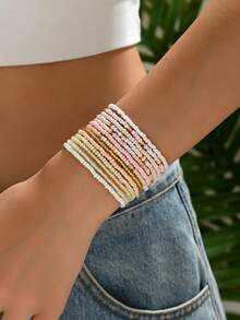 1 Set Of 13pcs Bohemian Beaded Adjustable Bracelet Set, Personalized Niche Gradient Geometric Woven Beaded Bracelet Set, Suitable For Women's Daily, Party, And Holiday Wear - Pink - View 2