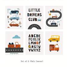 6pcs/Set Customized Canvas Posters Optional Frame, Transportation Prints, Vehicles Art Print, Printable Wall Art, Construction Nursery Art Posters, Boys Room Decor Posters, Alphabet Cars, Little Drivers Wall Arts