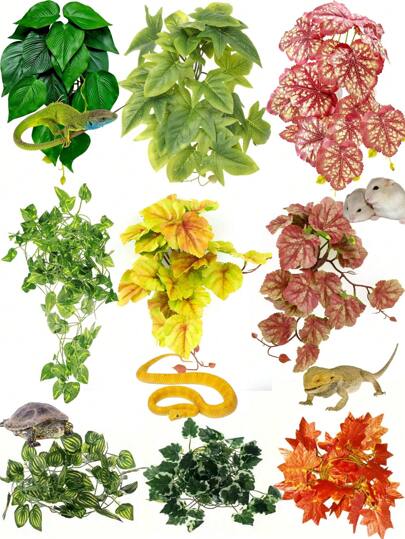 Reptile And Amphibian Aquarium Simulation Plants, Climbing Vines With Suction Cups - Habitat Decoration For Cockatops, Geckos, Snakes, Frogs, Etc., All-Season Aquarium Shelters And Turtle Tank Decoration, Reptile Box Accessory Plants, Bionic Leaves, Easy To Install, Materials, A Hiding Place For Amphibian Breeders And Reptile Enthusiasts