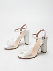 Summer Fashion Bow Flower Wedding Shoes, Comfortable Sexy Open Toe Chunky Heel Sandals, White Leather Strap High Heel Sandals For Women - White - View 5