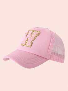 1 pièce Casquette en maille avec impression de 26 lettres rose pour enfant, casquette de baseball unisexe pour bébé avec visière, convient aux activités extérieures et à l'usage quotidien, protection solaire