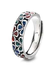 1pc Vintage Stylish Floral Enamel Ring, Creative Design, Fashionable, Adjustable, Suitable For Women Everyday Wear And Evening Party, Epoxy Craftmanship