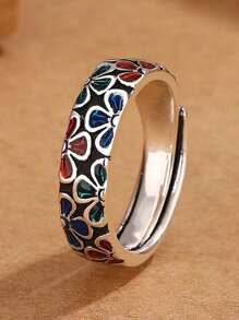 1pc Vintage Stylish Floral Enamel Ring, Creative Design, Fashionable, Adjustable, Suitable For Women Everyday Wear And Evening Party, Epoxy Craftmanship
