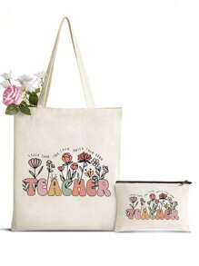 Back To School Season, Gift For Teacher, Letter Print Tote Bag With Makeup Bag, Set Of Two, Beautiful, Travel Beach Bag, Reusable Grocery Shopping Bag, Birthday Gift Bag, Personalized Wedding Favor Bag For Women Bridesmaids High School, Outdoors, Travel, Outings, Work, Business, Commute, Holiday, Teacher Gifts, Best Gifts For Teachers, Best Teacher Gifts For Christmas, Best Teacher Appreciation Gifts, Thank You Teacher Gifts