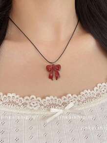 1pc Fashionable Red Bow Decor Pendant Necklace, Suitable For Ladies Daily Wear, Gift For Girlfriend/Wife On Valentine's Day, Birthday, Anniversary, Party