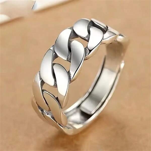 1 pieza Anillo ajustable de plata 925 - Anillo de cadena con diseño clásico de trenza de masa frita para hombres y mujeres - Regalo de joyería elegante para cumpleaños, fiesta y aniversario, símbolo de amor y amistad, ligero y cómodo