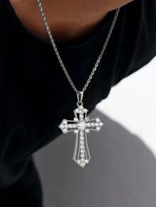 1pc Fashionable Hip Hop Style Men's Necklace With Cross Element, Gift Box Packaging Accessory For Daily Wear And Party - Silver - View 4