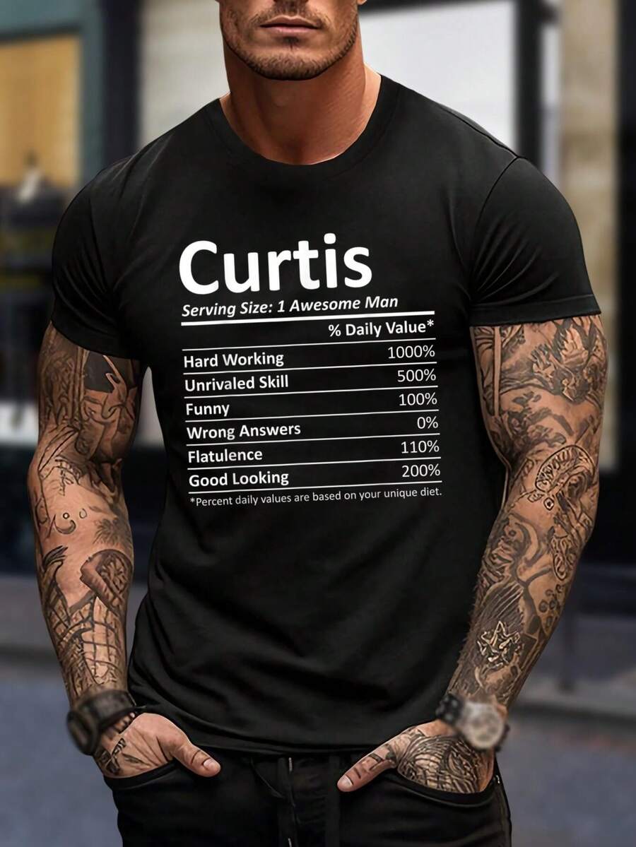 Camiseta personalizada divertida con información nutricional de Curtis para hombre - Regalo personalizado para papá o novio - Genial camiseta gráfica para hombre - Algodón negro de manga corta - Negro - Ver 1