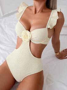 1pc Women's Solid Color 3D Floral Decor Hollow-Out One-Piece Swimsuit