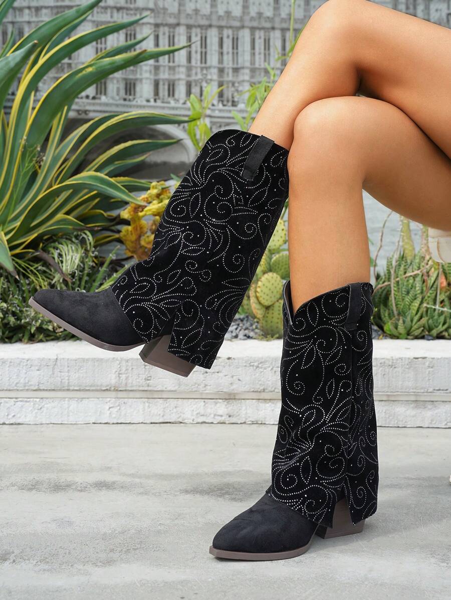 Women's Chunky Heel Pointed Toe Ruched Boot Short Boots, Outdoor Vintage Embroidered Western Boots, Autumn/Winter 2025 New Arrival