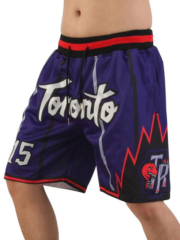 Atonmore Shorts de baloncesto para hombres, pantalones cortos deportivos de malla retro con bordado y bolsillo con cremallera, color morado, talla 15