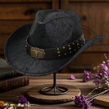 Women Men Cowgirl Hat, Vintage Bull Head Roll-Up Wide Brim Western Hat For Daily Party - 黑色 - 查看 3