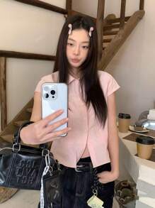 Women Summer Solid Color Casual Turndown Collar Short Sleeve Blouse