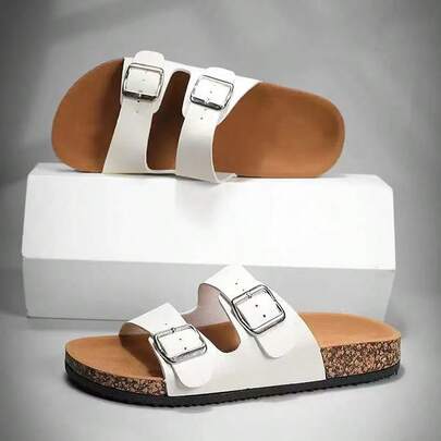 Women's Casual Double Buckle Sandals, Soft Cork Soles, Retro Open Toe Breathable Slides, Comfortable Non-Slip Durable Slippers, Lightweight And Versatile Summer Women Flip Flops