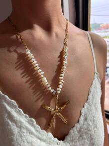 Monlansher Collana con pendente a forma di stella marina in acciaio inossidabile e perline alla moda per donna, collana artigianale con catena e pietra bianca, adatta a uso casual, da festa e quotidiano