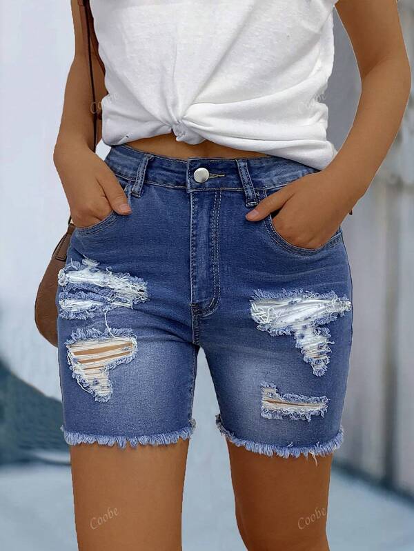 Minimalist Streetwear Women Ripped Skinny Denim Shorts