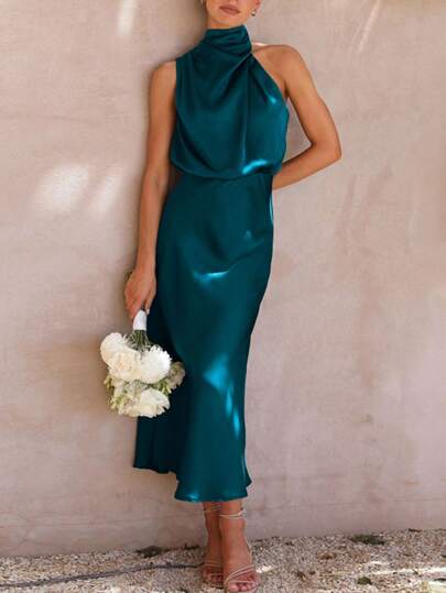 Elegantes Abendkleid aus Satin mit Stehkragen und ärmellos für formelle Anlässe