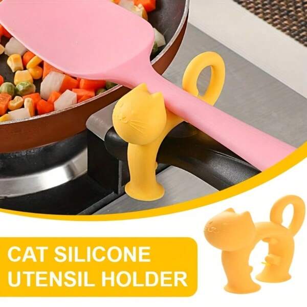 1pc Cat Shaped Silicone Spoon Holder And Pot Holder - Cat Silicone Spatula Holder, Home Kitchen Stove Anti-Spill Soup Spoon Kitchenware, Place Spatula Holder, Mobile Storage Rack, Flexible And Heat-Resistant Kitchen Utensil Rack, Cooking Utensil Rack | Playful Kitchen Decoration | Durable Cutlery Rack