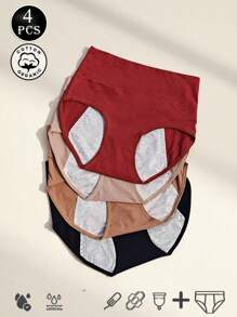 4 peças/pacote Calcinha Menstrual de Cintura Alta para Mulheres, Calcinha de Algodão com Entrepernas Extra Larga e Longa, Calcinha de Período de Cor Sólida, Tamanhos Plus Stretch XS-XXL