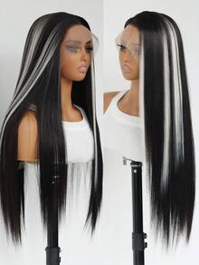 24" Black With White Highlights 13x4 Lace Front Wig Heat-Resistant Ombre Straight Synthetic Wig Pre-Plucked Hairline Free Part Perfect For Daily Wear & Parties - Điểm nhấn màu trắng - Xem 5