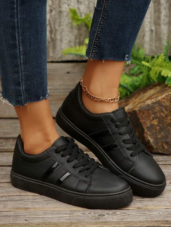 New Black Slip-On Flat Non-Slip Round Toe Lace-Up Lightweight Versatile Casual Sport Shoes For Women, Suitable For All Seasons