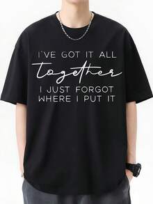 Black T-Shirt Men's Casual Summer Graphic Tee Together Quotes,Men's 220gsm New Summer Casual Crew Neck Pure Cotton Short Sleeve T-Shirt (1 Pc) - 黑色 - 查看 1