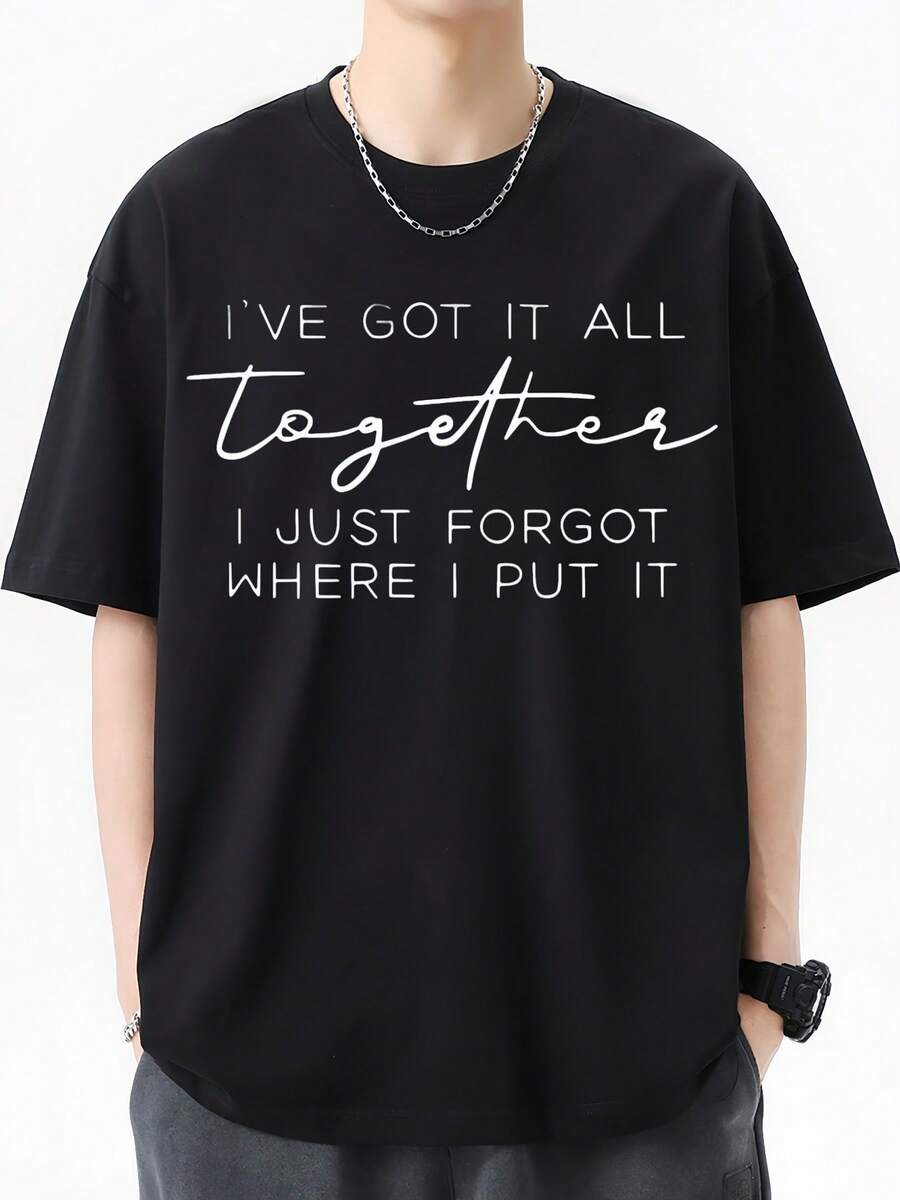 Black T-Shirt Men's Casual Summer Graphic Tee Together Quotes,Men's 220gsm New Summer Casual Crew Neck Pure Cotton Short Sleeve T-Shirt (1 Pc) - 黑色 - 查看 1