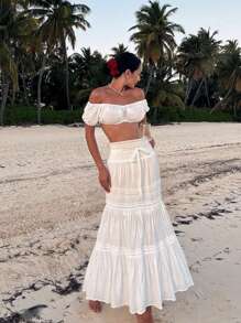 Falda larga con parches de encaje blanco de talle alto con efecto de "bubble", estilo bohemio, adecuada para festivales de música, conciertos, fiestas de Coachella, uso diario de chicas jóvenes, fotos de playa y vacaciones, estilo bohemio de verano