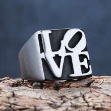1 Piece Brushed Waterproof Stainless Steel Punk Hip Hop Square Emotion Statement Initials Word LOVE Signet Ring For Man And Women