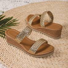 2026新款女士金色编织装饰坡跟凉鞋，度假风夏季绑带露趾厚底凉鞋，适合约会、购物、通勤、海滩等场合。 - 金色 - 查看 10