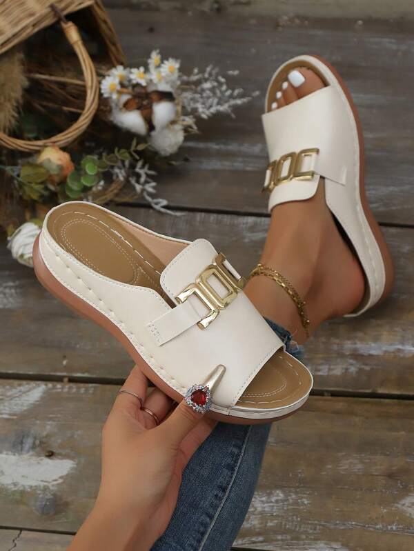 2025 Fashionable & Versatile Open Toe Solid Color Retro Bohemian Cut-Out Buckle Decor Women Wedge Platform Sandals, Suitable For Beach & Holiday, Summer