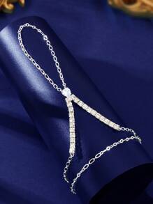 1 Pc Fashion Rhinestone Decor Silver Chain Bracelet With Rings Party Prom Jewelry Women
