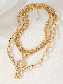 3 Piezas/conjunto Collar De Cadena Gruesa De Capas Múltiples Con Colgantes De Candado Y Moneda Para Mujeres