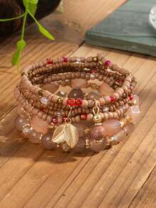 4 件时尚个性化精致金色叶子珠宝分层米珠手链套装，适合作为情人节、约会或旅行纪念品礼物，适合送给女性、妈妈、母亲、母亲节、礼物 - 金色葉子 - 查看 7