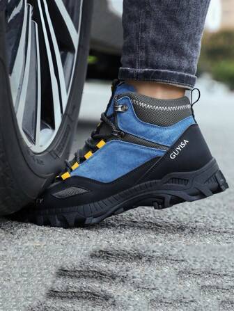 Couples Suede Rubber Sole Anti-Smashing Anti-Puncture Mining Boots, Construction Safety Work Boots, Outdoor Hiking, Color Block Patchwork, Sports Cargo Style Western Style Punk Casual Outdoor, Faux Leather Toe Cap, All Season