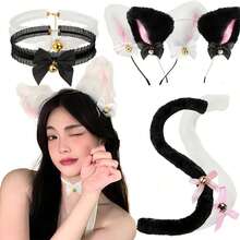 4件/3件/2件套可爱卡通猫咪角色扮演配饰套装，派对装饰道具，猫耳朵（蒸猫耳朵包），发箍，猫爪手套，猫尾巴项链套装，表演道具，黑白 - 彩色 - 查看 10