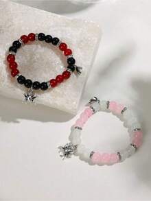 2Pcs/Set Fashionable Spider Heart Charm Pendant Matching Beads Bracelets For Couples Best Friendship Holiday Gift Jewelry Accessory - Hồng, Trắng, Đen và Đỏ - Xem 5