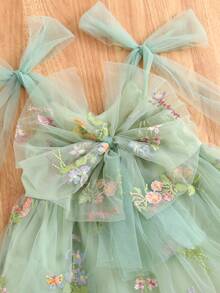 1 件年轻女孩可爱、优雅、华丽、甜美公主裙，带蝴蝶结、刺绣花朵、蓬松网眼芭蕾舞裙，适合派对、海滩和生日礼物，春夏季 - 綠色 - 查看 3